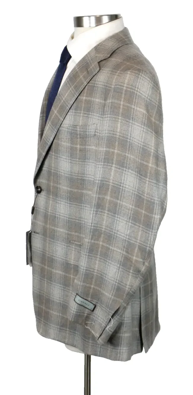 Canali Cashmere Sport Coat 48 R fits 46 (58 EU) Mens Grey Beige Plaid Blazer